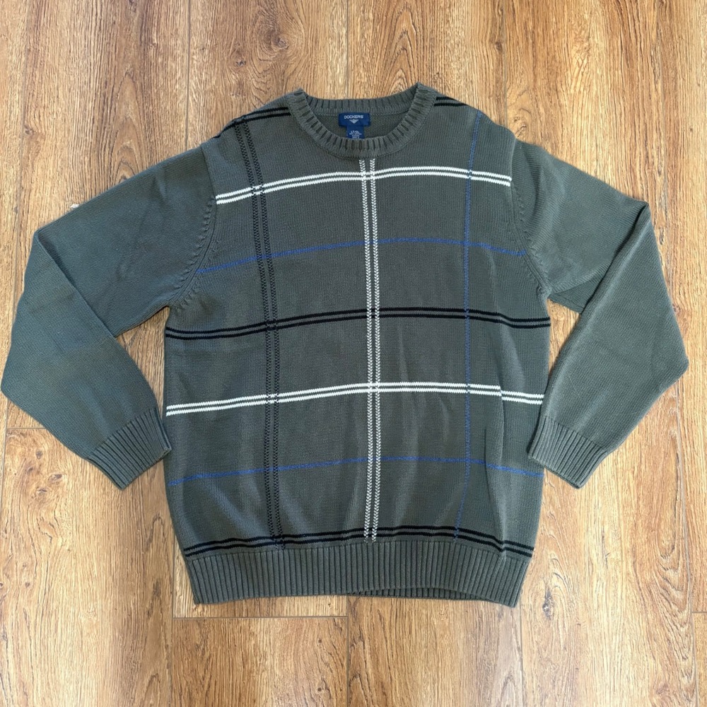 90s Dockers Mens L Tall LT Olive Green Plaid Cotton Crewneck Sweater Knit preppy